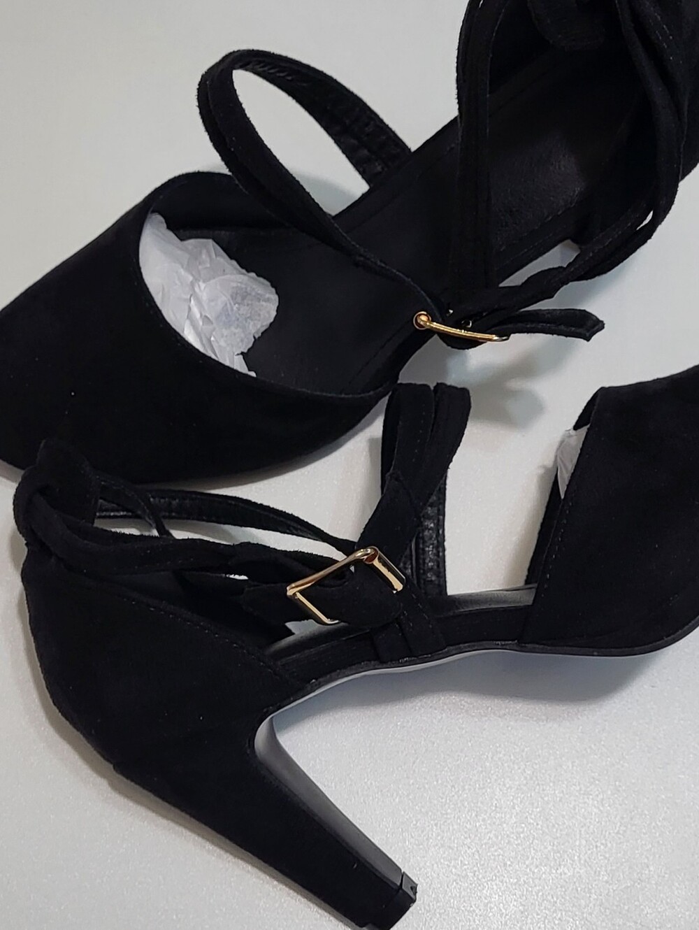 SHEIN Black Suede Ankle-Strap Mid Heels Size 9